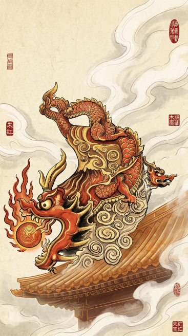 参考线稿造型，绘制鸱吻龙之五子镇宅脊兽，盘踞古建正脊，龙首昂扬向天，鱼身蜷曲伏脊，独角刺破云霄，双目如炬怒睁，獠牙外露，下颌前突，背鳍如刀锋，鳞甲细密，云纹水波缠绕，口衔火焰宝珠。朱砂红与鎏金撞色，米预览效果