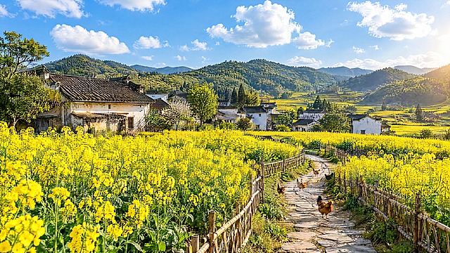 田园乡村纯风景横版图，以大片盛放的金黄色油菜花田为主体，花田间穿插着古朴的青瓦白墙农舍，远处是连绵的青翠小山，乡间石板小路蜿蜒穿过花田，路边有竹编篱笆和几只悠闲踱步的土鸡，天空中飘着几朵蓬松的白云，阳光明亮温暖，整体氛围宁静闲适，无任何文字元素，充满乡野自然气息，高清写实摄影风格
