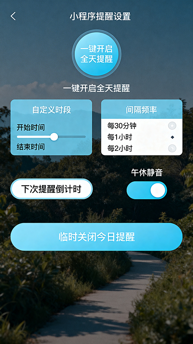 健康饮水提醒小程序提醒设置页面，包含一键开启全天提醒按钮、自定义时段开始结束时间设置、间隔频率选择、午休静音开关，显示下次提醒倒计时，支持临时关闭今日提醒，整体风格清新简约浅蓝色调，UI布局清晰现代