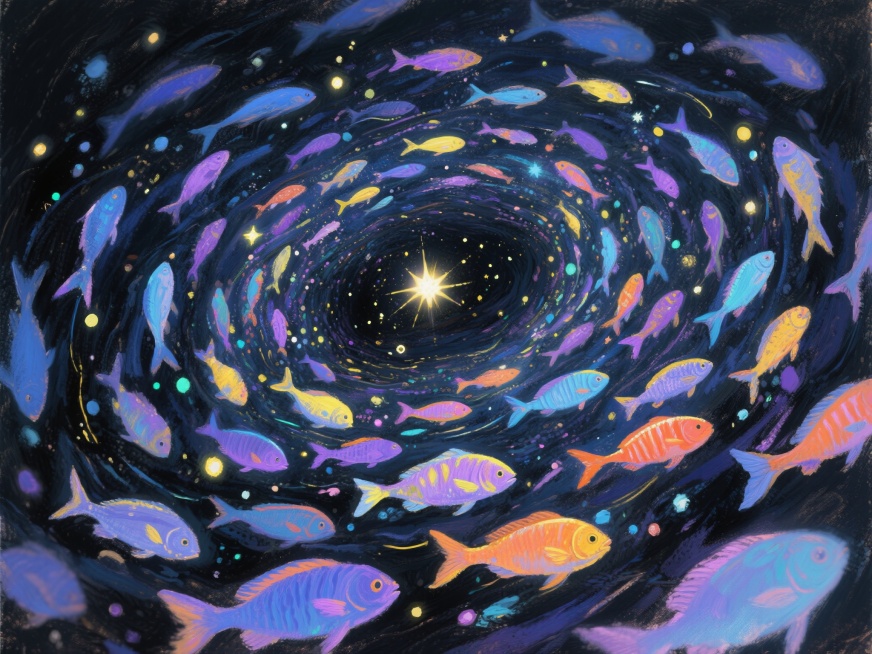 深海场景，无数五颜六色的鱼群，它们的排列和形态模仿梵高《星月夜》中的旋转星云效果，鱼的色彩丰富绚丽，有蓝色、紫色、黄色、橙色等，背景是深邃的黑色海洋，点缀着微弱的生物荧光，整体画面充满动感和梦幻色彩，预览效果