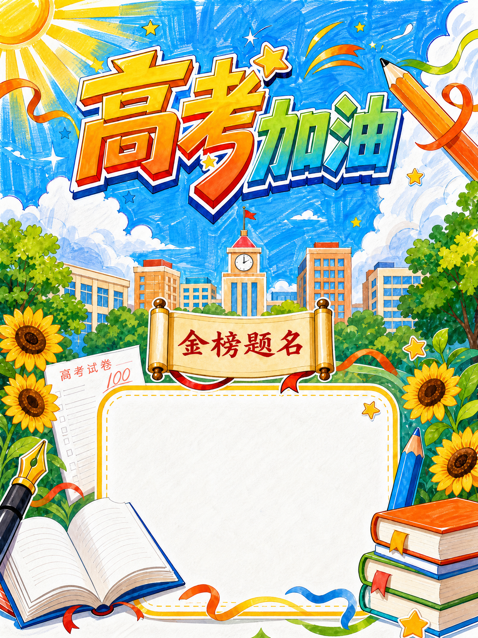 将这张高考加油手抄报转换为马克笔手绘风格，保留所有内容和布局不… - 图片创意预览