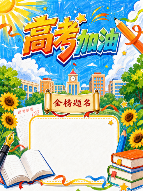 将这张高考加油手抄报转换为马克笔手绘风格，保留所有内容和布局不变，增加马克笔手绘的笔触质感和线条感，色彩更加饱满鲜明预览效果