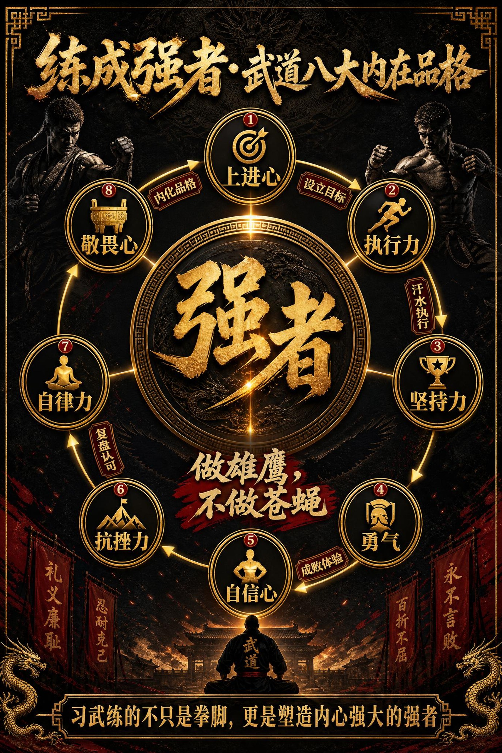 一张武道品格教育海报，竖版2:3比例，现代硬朗力量感风格，黑金… - 图片创意预览