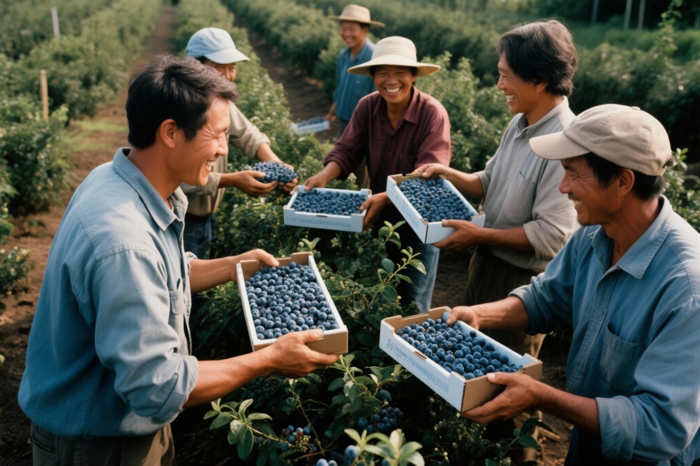 请为我生成几张工人采摘蓝莓的场景图预览效果