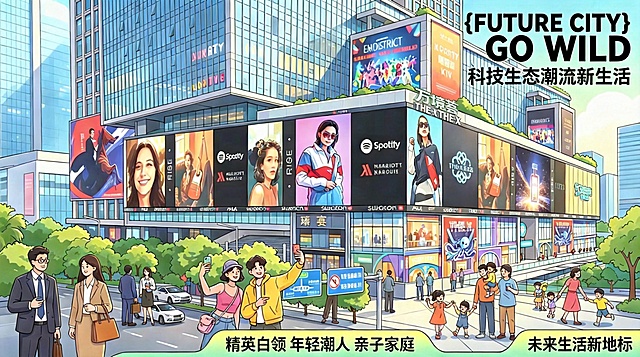 去掉图片右下角的AI生成字样，把建筑右上角的“万境荟THE-X MALL”更正为“万境荟THE-X”，其他画面内容保持不变