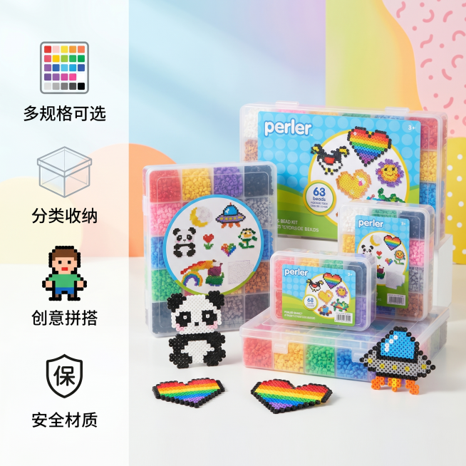 [主图 2] 拼豆套装核心卖点展示。[氛围风格] 喜庆童趣氛围，整体干净明亮，专业写实产品摄影。[画质] 商业摄影质感，高清细节8K分辨率，产品清晰真实，画面干净高级无瑕疵，柔光棚拍摄效果。[元素]预览效果