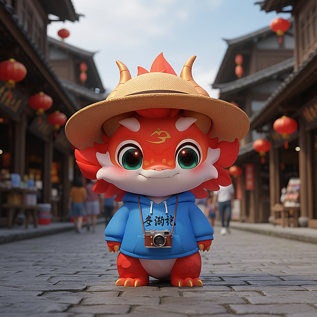 为图中形象添加圆形遮阳帽，脖挂相机，身穿蓝色连帽卫衣，卫衣胸口有毛笔草书的“夕游记”字样，背景为丽江古城的四方街