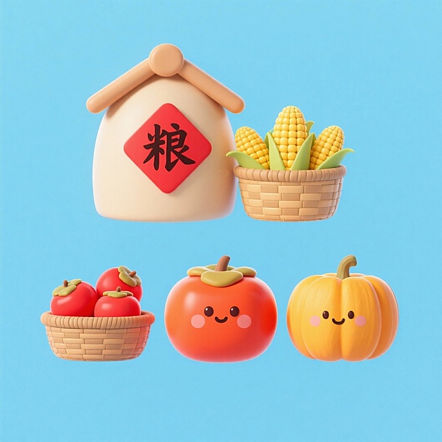4个中秋素材组合，可爱电商促销感。素材包括：第一个粮仓（贴着带有 “粮” 字的红色菱形福字）；第二个一筐玉米；第三个一筐柿子；第四个南瓜。画面整体呈现鲜艳效果，淡蓝色背景。上下两行，排列整齐