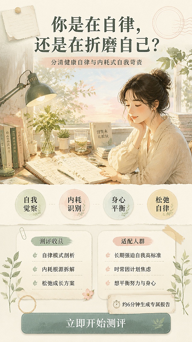 [第1屏] 本屏功能定义：心理测评服务详情页头图，自律与内耗主题心理测评商品海报。
[氛围/风格] 轻治愈复古风格，温柔水彩手绘质感，整体气质清醒温柔、克制通透，通透柔和暖光，高清细腻画质，复古哑光纸张肌理
[元素布局] 版面分层完整，顶部主标题区、中间主视觉插画区、中部功能圆形标签栏、下方双栏信息卡片区、底部行动按钮栏，信息饱满无大面积空白，不设置二维码占位区域；顶部主标题文字"你是在自律，还是在折磨自己？"，标题下方小字说明"分清健康自律与内耗式自我苛责"；中间主视觉为松弛的东亚女生坐在洒满柔光的书桌前，桌面摆放计划表、纸质书籍、玻璃杯绿植、柔和台灯，窗外淡青天空搭配粉调晚霞，人物神态平静舒展，无消极姿态；中部排布4枚圆形复古纸质标签文字：自我觉察、内耗识别、身心平衡、松弛自律；下方双栏圆角撕边卡片，左卡标题"测评收获"含三条短句：自律模式剖析、内耗根源拆解、松弛成长方案；右卡标题"适配人群"含三条短句：长期强迫自我高标准、时常因计划焦虑、想平衡努力与身心；右下角小标签文字"约6分钟生成专属报告"；底部雾青长条按钮文字"立即开始测评"；搭配空白图钉便签、细枝叶绿植装饰、细线条分割、复古空白圆形印章
[光影质感] 整体光影温暖柔和，主光从书桌上方洒下，背景窗外光影自然通透，明暗层次清晰，主体突出
[配色色系] 全局底色奶油米白 #f9f6f0，主色调雾青+浅裸粉+浅灰金，低饱和鲜亮配色，摒弃单调水墨黑白
[视角构图] 竖版构图，信息从上到下依次排布，符合手机端阅读动线，主体视觉舒适均衡
[文字版式] 标题粗衬线字体，正文纤细无衬线细线字体，字体分层清晰，全图仅生成以上规范中文，无额外文字，不遮挡主体，文字清晰可辨
[比例分辨率] 9:16竖版比例，4K分辨率，高清细腻画质
[负向提示词] 二维码方框、二维码占位、错别字、乱码汉字、无意义字母、多余文字、文字堆叠、字体模糊、低幼卡通、高饱和荧光、元素杂乱、渐变花体字、厚重描边、水印、噪点模糊、阴冷色调、丧系压抑、人物紧绷痛苦、背景杂乱、夸张3D建模、浓烈撞色、繁复花边、排版拥挤、纯黑白褪色、大片空白空洞