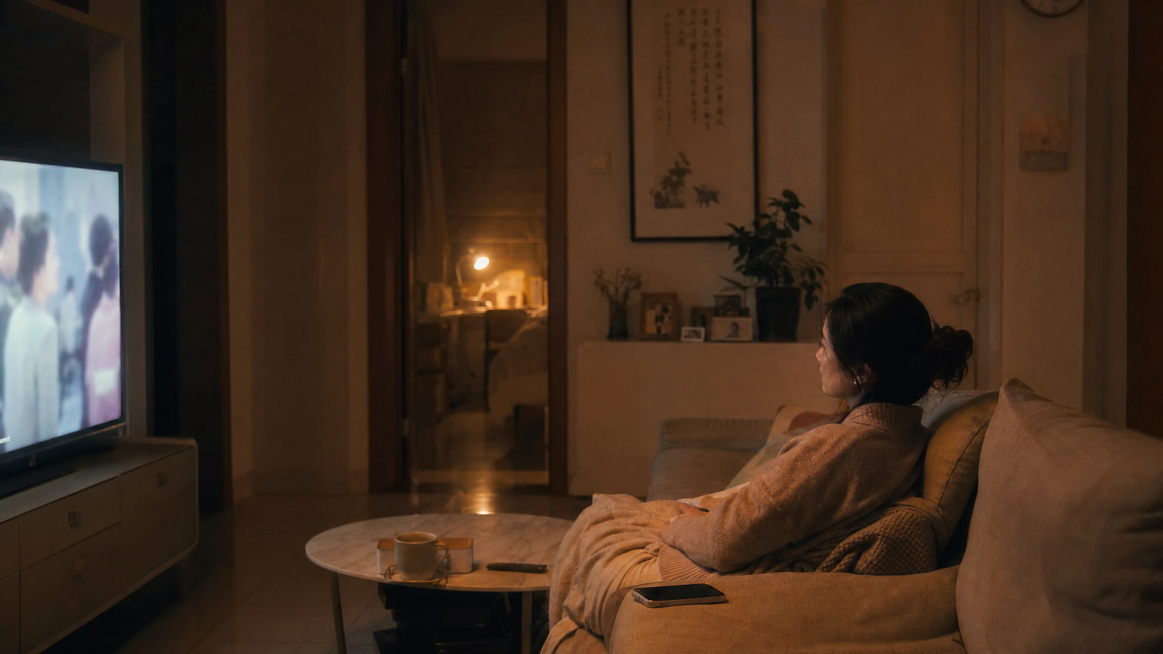 深夜十一点四十分，一位母亲坐在客厅的沙发上，电视开着微光，手机放在手边，儿子房间的门缝透出台灯暖黄的光线，安静氛围中带着一丝等候的心事，暖色调写实风格，氛围温馨又略带沉重预览效果