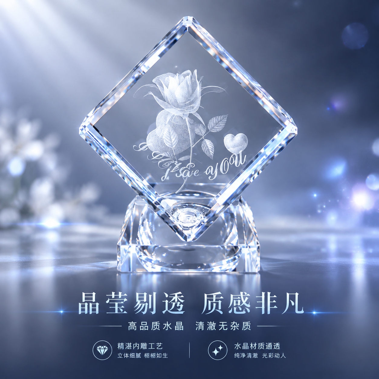 [商品] 使用【图6】立体内雕玫瑰花水晶摆件不开灯效果；保留菱… - 图片创意预览