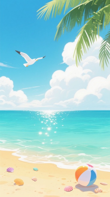 明亮通透的夏日海滩场景，清澈渐变的蓝绿色海水与金黄色沙滩相接，远处是蓬松的白色积云和湛蓝天空，左侧和上方有几片翠绿的棕榈叶垂落，一只白色海鸥在天空中飞翔，海面上有阳光反射的粼粼波光和光斑，沙滩上散落着几颗彩色贝壳和一个彩色沙滩球，整体呈现出清新治愈的插画风格，光影明亮柔和，色彩饱和度高且和谐统一。预览效果