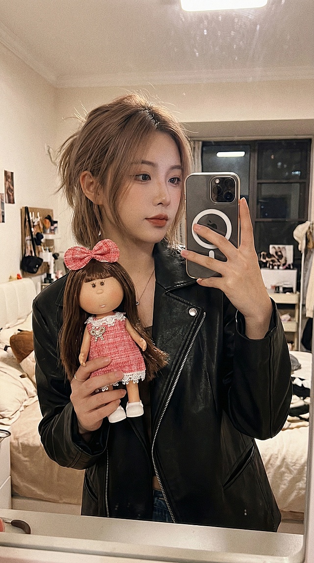 中的娃娃高度在24cm，需要生成奶茶发色美女，拿着娃娃，对镜子自拍的照片。要求9：16，画质高清，手中娃娃清晰，人物只露出上半身，美女风格可以多元化，比如御姐，辣妹，甜妹等，适合小红书平台种草娃娃产品的照片，生成不同的10张照片。