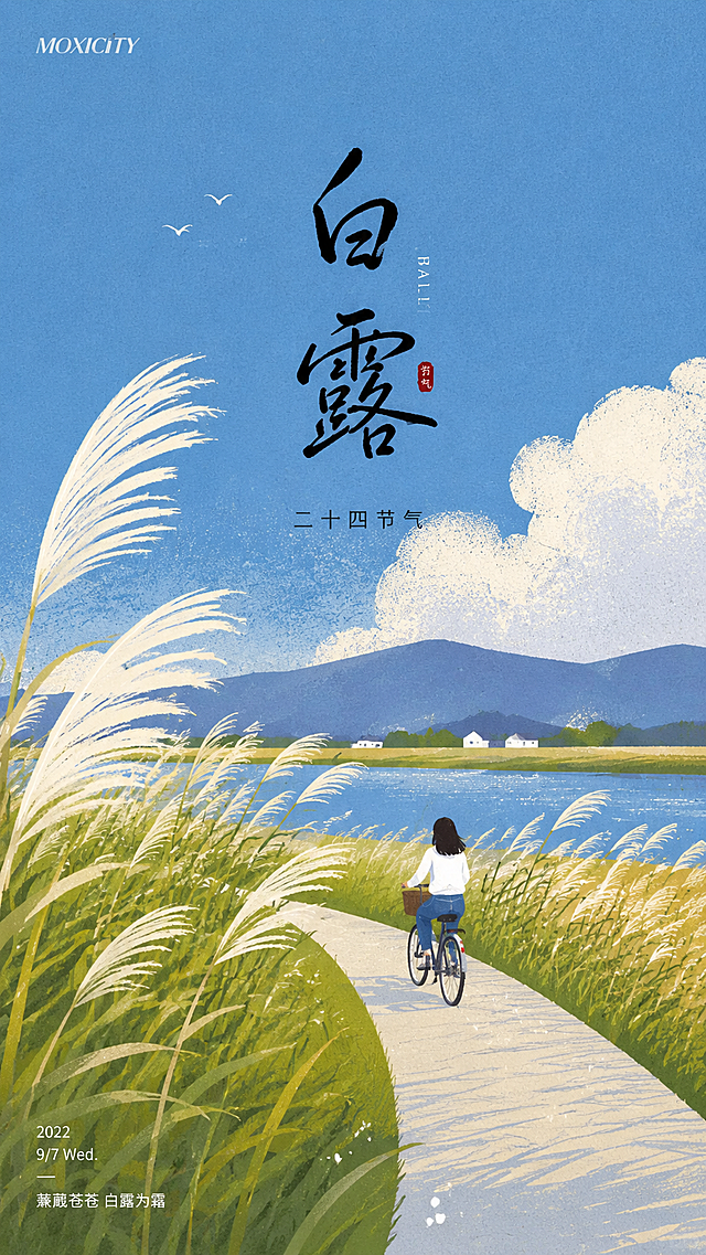 参考提供的二十四节气海报风格，生成白露节气海报，扁平插画风格，芦苇荡骑车场景，带有书法字体“白露”文字，整体简约干净，9:16竖版排版