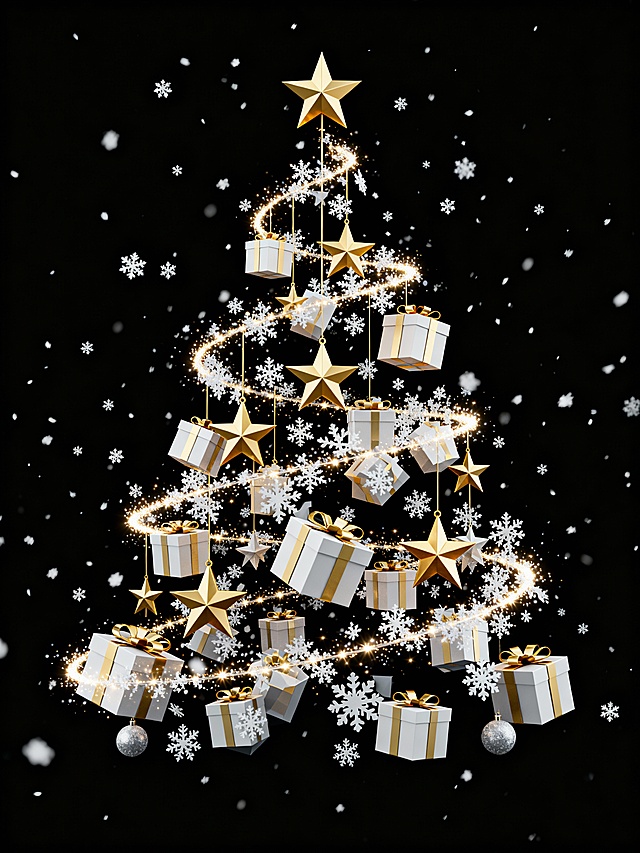 3D几何圣诞树，鎏金与白礼盒交织，粒子光带环绕，雪花飘落，奢华梦幻，喜庆氛围浓郁。