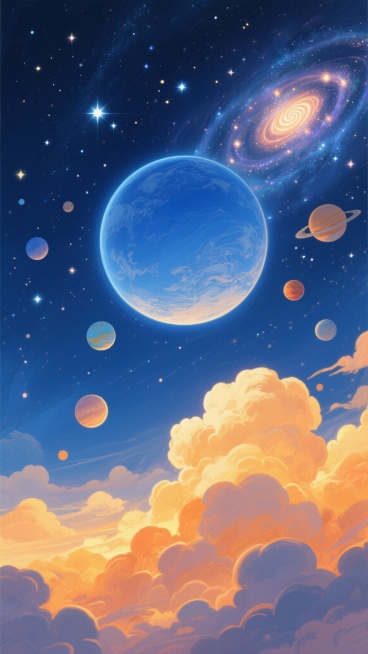 插画风格，梦幻宇宙场景，深邃的深蓝色夜空点缀着无数闪烁的星星和发光的星云，巨大的蓝色星球占据画面中心，表面有明显的地形纹理和柔和的光晕，星球周围环绕着多个不同大小和颜色的行星，下方是被橙黄色光芒照亮的厚重云层，云层呈现出蓬松的质感和丰富的层次，远处有螺旋状的星系和明亮的星团，整体画面色彩和谐，光影对比柔和，营造出宁静而壮丽的宇宙氛围，细节丰富，构图饱满，具有强烈的视觉冲击力和梦幻般的美感。预览效果