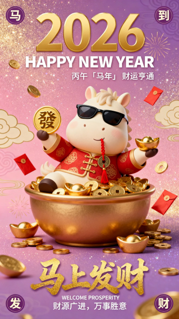 3D 卡通风格马年春节海报，粉紫底带细腻金粉星光纹理，点缀浅金祥云与烟花暗纹，整体质感饱满喜庆。主体是圆滚滚的米白 Q 版小马，戴黑框墨镜、穿红底金纹盘扣唐装，俯身趴在满溢金元宝的聚宝盆里，前爪举着烫预览效果