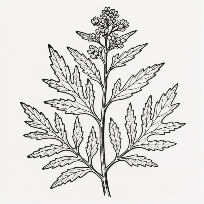 一片完整的艾草线稿，对称居中构图，细节高清，叶脉纹理清晰，黑色流畅线条，纯白色背景，无多余元素预览效果
