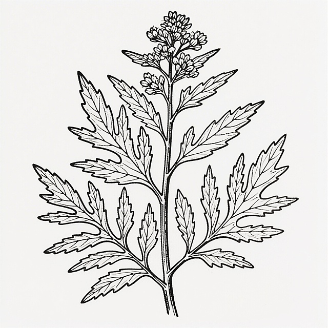 一片完整的艾草线稿，对称居中构图，细节高清，叶脉纹理清晰，黑色流畅线条，纯白色背景，无多余元素