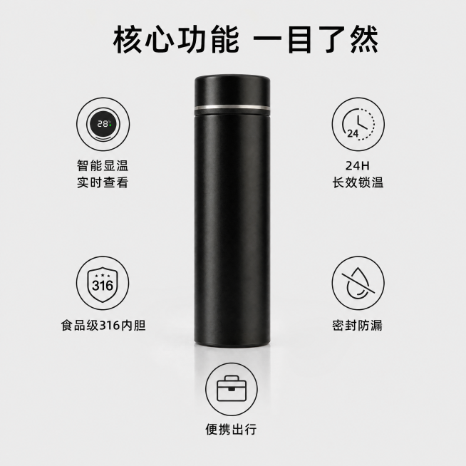 [主图-2] 黑色智能保温杯核心卖点展示图
[氛围风格] 干净简约清晰，突出产品功能
[画质] 商业摄影质感、光线柔和通透、产品清晰真实、画面干净高级
[元素] 黑色智能保温杯居中放置在浅灰色干净背景预览效果