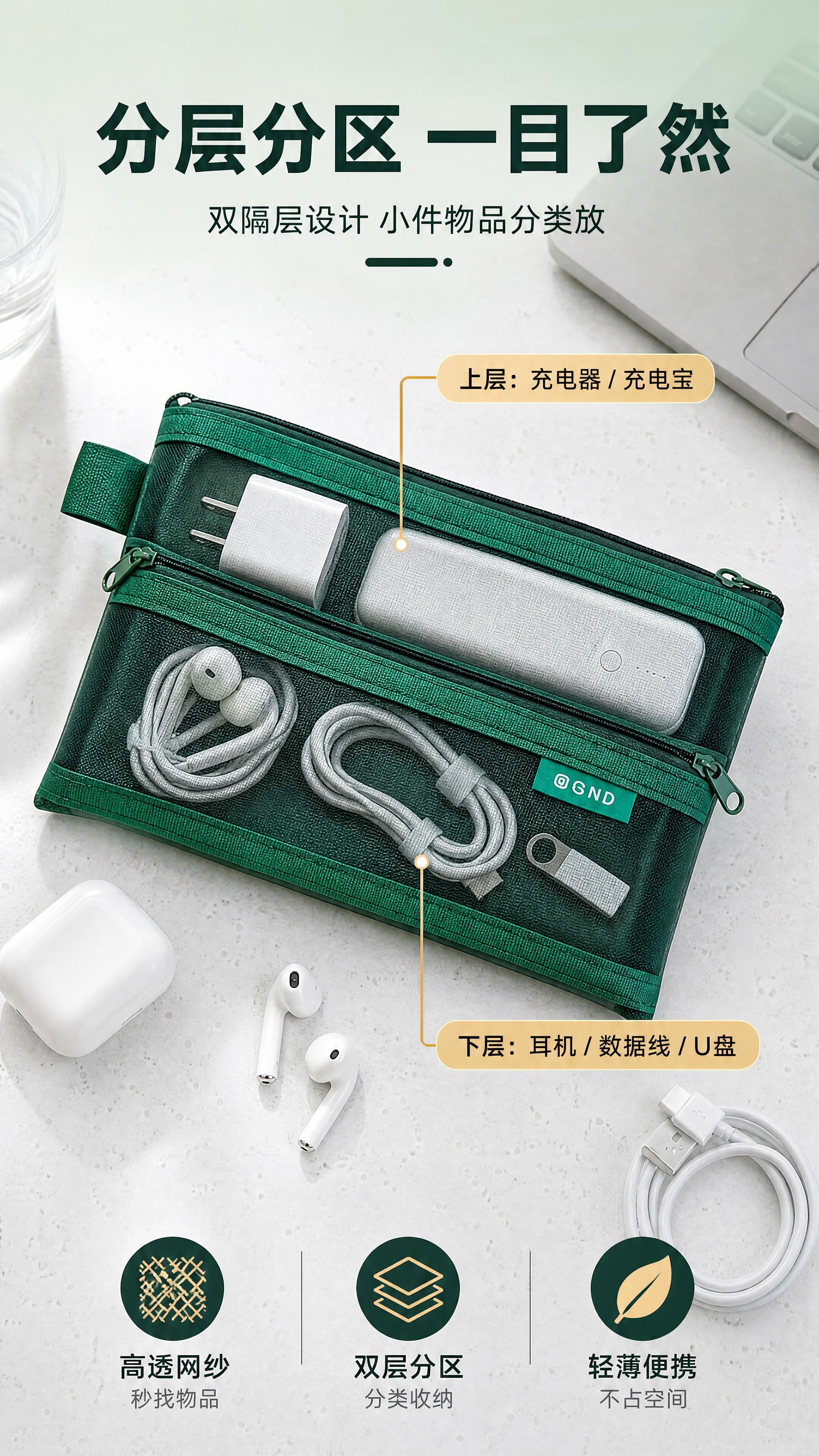 [商品] 使用【图3】长款双隔层款网纱收纳包（打开状态，双隔层… - 图片创意预览