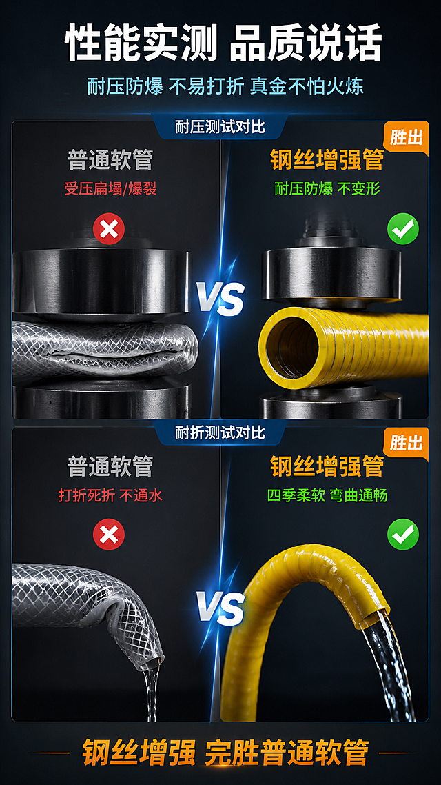 [详情页-5 性能测试对比] 黄色PVC钢丝增强软管性能测试对比图。
[氛围风格] 专业实验/测试感，深灰/深蓝背景，干净高级有质感，突出产品性能优势。
[画质] 商业摄影质感、光线柔和通透、产品清晰真实、画面干净高级，测试场景真实有说服力。
[元素] 采用左右对比+上下分栏的性能测试布局：
上半部分：耐压测试对比。左侧为普通软管（受压后扁塌/爆裂），右侧为黄色钢丝增强软管（受压后保持圆形 不扁不爆），展示钢丝增强的耐压优势。中间有VS标识。
下半部分：耐折/柔软性测试对比。左侧为普通软管（打折后死折 不通水），右侧为黄色钢丝增强软管（弯曲后仍保持通畅 四季柔软），展示钢丝管的耐折和柔软优势。
背景为深灰色/深蓝色渐变，有科技感的光线和质感，高级有品质感。**保持产品外观（亮黄色PVC钢丝软管的颜色、螺旋钢丝纹理、管壁质感）与输入产品图一致，杜绝任何变形和色差，精细化处理产品细节**。
[光影] 侧光勾勒产品的层次和立体感，黄色PVC有温润的光泽，钢丝有金属反光。整体明亮专业，有科技品质感。
[配色] 主色亮黄色（钢丝软管）+灰色（普通软管）；辅色深灰色（背景）+橙色（标签/胜出标识）+白色（文字）+红色（失败/普通标识）+绿色（通过/胜出标识）。
[视角构图] 上下分区布局，上半部分耐压测试对比，下半部分耐折测试对比，每组对比左右分栏。
[文字版式] 顶部居中主标题"性能实测 品质说话"白色粗体大号无衬线。副标题"耐压防爆 不易打折 真金不怕火炼"浅蓝色中号。上半部分耐压测试：左侧标题"普通软管"灰色，下方标注"受压扁塌/爆裂"红色；右侧标题"钢丝增强管"橙色，下方标注"耐压防爆 不变形"绿色，右上角有"胜出"橙色标签。中间VS标识白色粗体。下半部分耐折测试：左侧标题"普通软管"灰色，下方标注"打折死折 不通水"红色；右侧标题"钢丝增强管"橙色，下方标注"四季柔软 弯曲通畅"绿色，右上角有"胜出"橙色标签。底部一行文字"钢丝增强 完胜普通软管"橙色居中。
[输出要求] 9:16比例，文字清晰锐利，画面超高清商业摄影质感。
[负向提示词] 变形，文字错乱，产品图模糊，背景杂乱，水印，电商平台Logo。