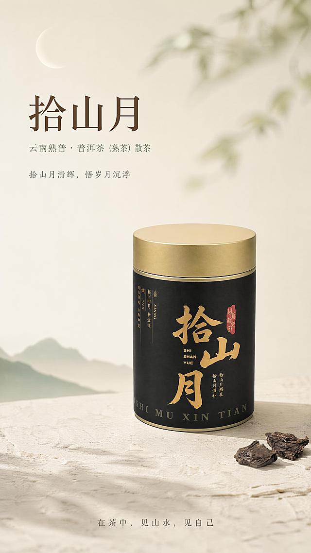 [第1屏] 详情页头图主视觉-拾山月云南熟普产品全貌海报。本屏使用【图1】作为商品主体。
[氛围/风格] 东方极简禅意风，低饱和绿与米白色调，大面积留白，柔和自然光，画面通透干净，高级质感，商业摄影级画质。
[元素布局] 拾山月茶罐置于画面中下偏右，占比约45%-50%；罐身哑光黑色底色配烫金书法字体「拾山月」，香槟金色金属盖质感细腻，产品结构、颜色、文字与输入图完全一致；左侧大面积留白放置标题文字；背景为米白色渐变，底部隐约可见浅米色石质台面；画面左上角点缀一弯极简月牙剪影，营造山间月色意境；右下角散落2-3片熟普干茶作为前景装饰。
[光影质感] 左上方柔和自然光照射，右侧自然投影，罐身金属盖保留细腻高光，黑色罐身有高级哑光质感，整体光线均匀通透，明暗层次柔和。
[配色色系] 全局底色 #F5F2E9（米白色）；主色 #8FA68E（低饱和绿）；辅助色 #1A1A1A（哑光黑）；点缀色香槟金、深棕。
[视角构图] 正面微仰视，产品为视觉中心，阅读动线左上标题 → 中部产品 → 底部意境句。
[文字版式] 左上标题区，主标题「拾山月」大号温润宋体书法字，深棕色；副标题「云南熟普 · 普洱茶（熟茶）散茶」小号宋体，低饱和绿色；标题下方小字「拾山月清辉，悟岁月沉浮」浅灰色；底部居中「在茶中，见山水，见自己」细体宋体。文字不遮挡产品主体。
[比例分辨率] 9:16竖版比例，4K分辨率，文字清晰可辨，高清画质。
[负向提示词] 罐身变形，缺件错件，颜色偏差，包装文字错乱，水印，文字过小，背景杂乱，产品模糊。