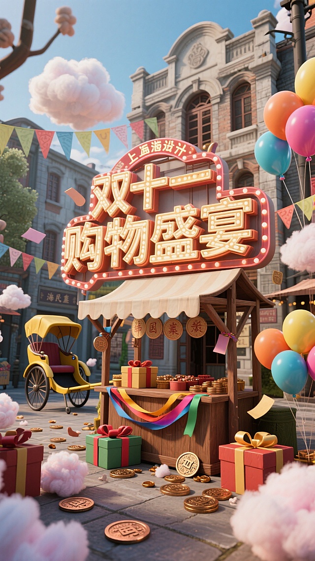 核心是 “双十一购物盛宴” 的复古霓虹灯牌字体，置于老上海风格的民国集市木质摊位。背景是复古卡通的石库门建筑、黄包车、老式礼盒（带民国包装）、彩色绸带、铜质古币、棉花糖云朵、彩色纸气球，整体风格怀旧热闹，突出双十一复古集市购物氛围。