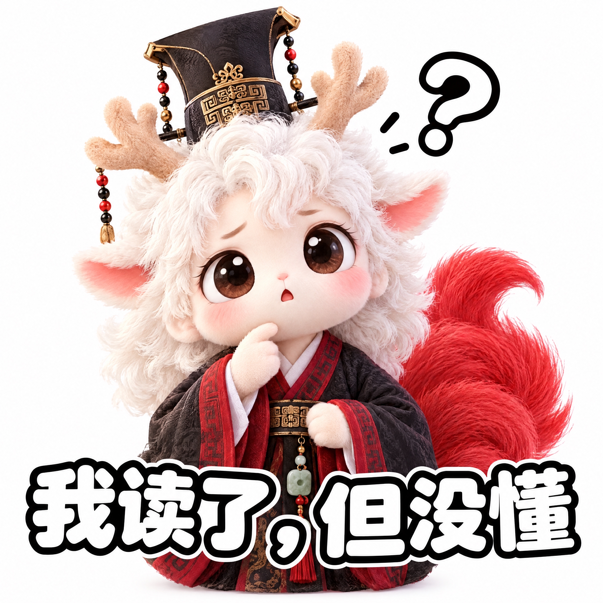 参考图中的白色鹿角人形神兽（穿黑红汉服、戴高冠），做成可爱表情… - 图片创意预览