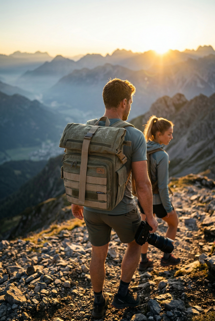 将背景替换为清晨登山场景，添加男女模特背着这个双肩包，第一缕阳光照亮背包轮廓，体现轻量化设计、防水面料质感，户外探险风格，电影感光线，浅景深，史诗感氛围，专业摄影预览效果