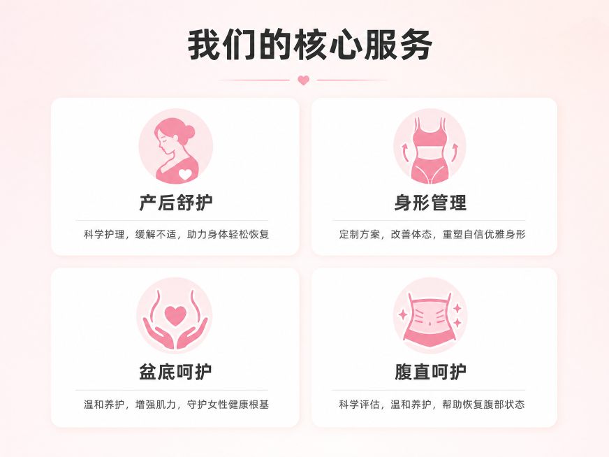 [第3屏] 核心服务项目展示。本屏功能定义：展示橙盈产后恢复中心的核心服务项目。[氛围/风格] 专业清晰展示风格，柔和暖色调，卡片式设计，干净透气。[元素布局] 顶部是大标题区域，下方用四个均等卡片排预览效果