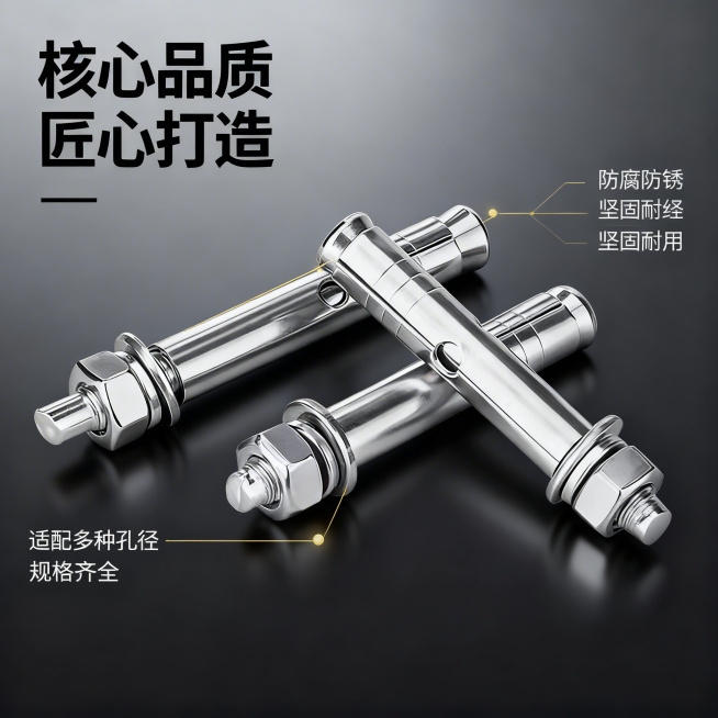 [主图 2 核心卖点] 201不锈钢外膨胀螺丝卖点展示图，工业高奢风，延续首图风格，以产品为中心，用极细金色引线连接各个部位标注功能卖点：标注不锈钢主体"防腐防锈"、加粗螺杆"坚固耐用"、适配多种孔径预览效果