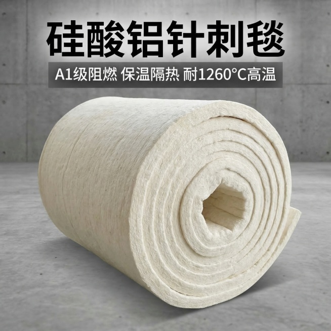 淘宝主图，展示硅酸铝针刺毯，产品为米白色卷状保温材料，首图突出产品整体外观，风格专业工业风，画面干净，文字标注“硅酸铝针刺毯 A1级阻燃 保温隔热 耐1260℃高温”，排版简洁，突出产品主体预览效果