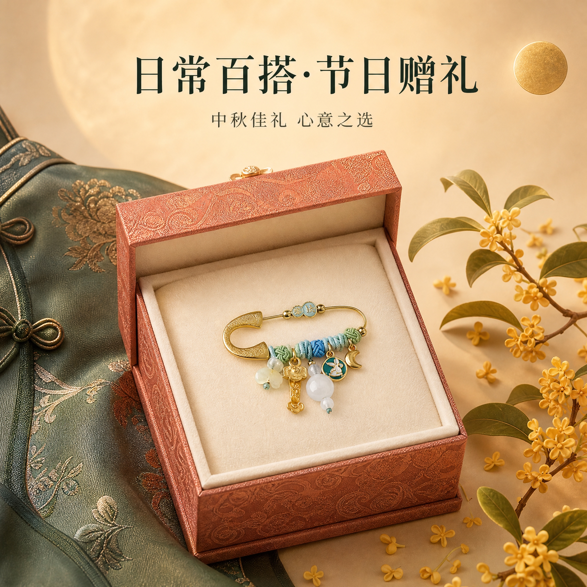 [主图-4] 节日赠礼场景，胸针置于新中式礼盒中，搭配旗袍面料… - 图片创意预览