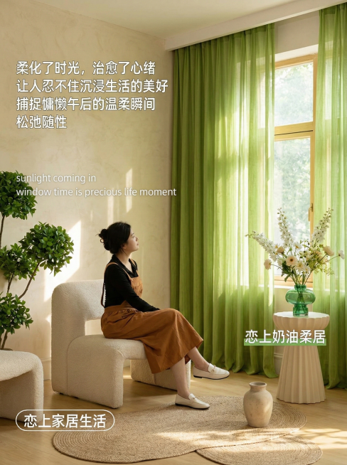 不改变窗帘颜色面料材质，切换为奶杏奶油风家装场景，调整拍摄角度，文字改为"柔化了时光，治愈了心绪 让人忍不住沉浸生活的美好 捕捉慵懒午后的温柔瞬间 松弛随性 sunlight coming in wi预览效果