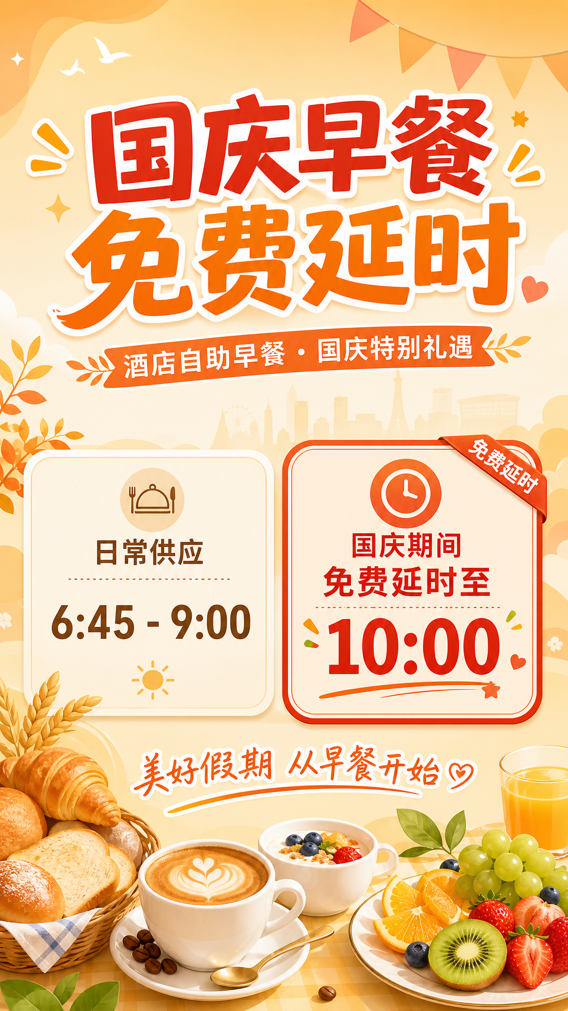 酒店自助早餐国庆延时通知海报，扁平插画风格，温馨明亮的色调。画… - 图片创意预览