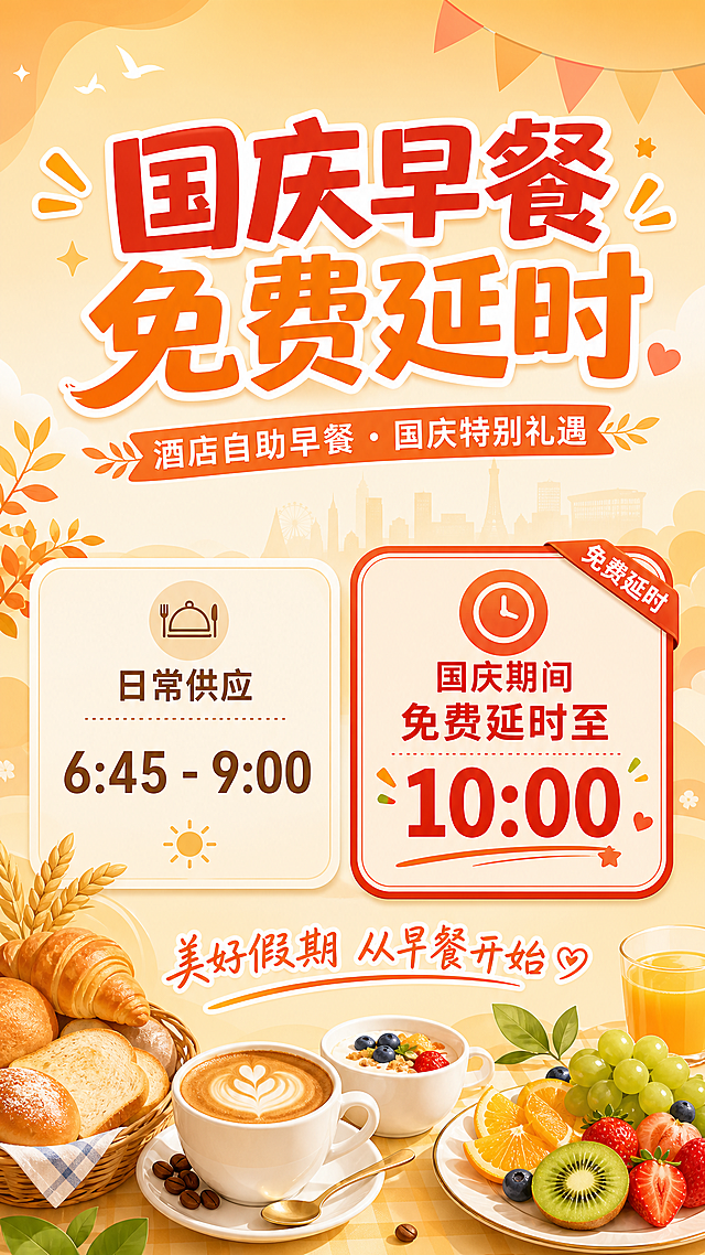 酒店自助早餐国庆延时通知海报，扁平插画风格，温馨明亮的色调。画面背景为柔和的暖橙色与米白色渐变，点缀简约的早餐食物插画元素（面包、咖啡杯、水果）。画面顶部为大主标题"国庆早餐 免费延时"，字体醒目活泼。主标题下方是副标题"酒店自助早餐 · 国庆特别礼遇"。画面中部为清晰的信息展示区，用两个圆角信息卡片呈现时间信息：第一张卡片写"日常供应 6:45 - 9:00"，第二张卡片写"国庆期间 免费延时至 10:00"，第二张卡片用醒目的橙红色边框和背景突出显示。信息卡片下方有装饰短句"美好假期 从早餐开始"。画面底部不添加二维码，保持画面干净整洁。画面中所有数字必须精确渲染："6:45"、"9:00"、"10:00"，不得错位、遗漏或编造。画面中所有信息区域必须填充完整合理的内容，不得出现空白框、空白占位、横线待填写区域、空列表项、空单元格，确保是完整可用的成品海报而非待填写模板。整体版式精美，层级分明，四周留有安全边距，文字清晰可读，色彩明快温馨，2K超高清画质。画面比例9:16竖版。