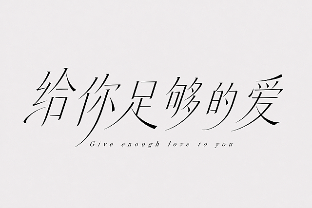 参考图片字体风格，中文文案保留“给你足够的爱”，英文字母改为“Give enough love to you”，保持优雅纤细的艺术字体设计，浅灰色背景黑色字体