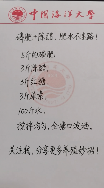 参照原图片的手写字体风格和黑色颜色，将原图片内容全部替换为新文字：磷肥+陈醋，肥水不迷路！5斤的磷肥
3斤陈醋，
3斤红糖，
3斤尿素，
100斤水，
搅拌均匀，全塘口泼洒。
关注我，分享更多养殖妙招预览效果