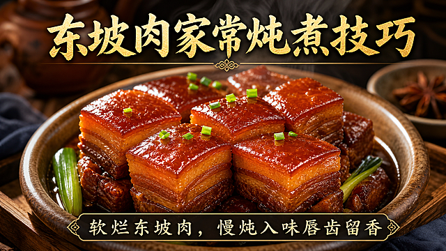 美食菜谱封面图，画面上方显示文字"东坡肉家常炖煮技巧"，下方显示文字"软烂东坡肉，慢炖入味唇齿留香"，背景是一碗方整红润的东坡肉实拍图，表皮油亮，慢炖软烂风格，色泽诱人