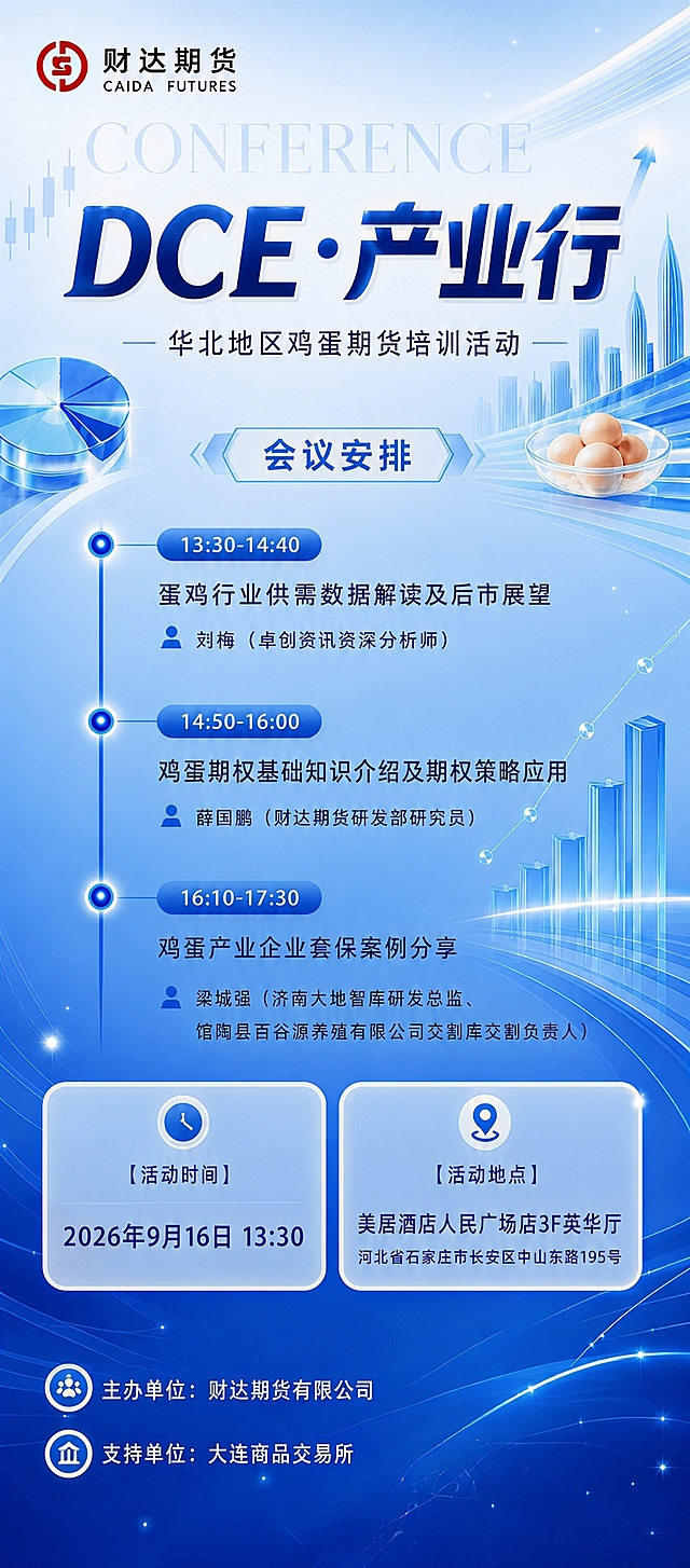修复图中所有乱码文字，恢复为正确的中文内容，保持原有字体、字号、颜色、位置和排版布局不变，背景和图形元素完全保留。正确文字内容如下：
顶部：财达期货 CAIDA FUTURES
大标题：DCE·产业行
副标题：华北地区鸡蛋期货培训活动
模块标题：会议安排
13:30-14:40 时段：
标题：蛋鸡行业供需数据解读及后市展望
讲者：刘梅（卓创资讯资深分析师）
14:50-16:00 时段：
标题：鸡蛋期权基础知识介绍及期权策略应用
讲者：薛国鹏（财达期货研发部研究员）
16:10-17:30 时段：
标题：鸡蛋产业企业套保案例分享
讲者：梁城强（济南大地智库研发总监、馆陶县百谷源养殖有限公司交割库交割负责人）
左下卡片：
【活动时间】
2026年9月16日 13:30
右下卡片：
【活动地点】
美居酒店人民广场店3F英华厅
河北省石家庄市长安区中山东路195号
底部：
主办单位：财达期货有限公司
支持单位：大连商品交易所