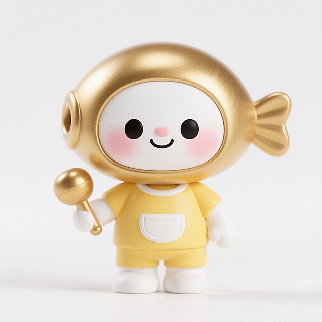 一个可爱的3D卡通敲木鱼形象，金色的头部，白色的面部，黑色圆圆的眼睛，脸颊有粉色红晕，微笑的嘴巴，穿着黄色的衣服，胸前有白色的口袋，白色的手臂和腿部，整体造型圆润可爱，立体感强，细节丰富，高光泽度，柔和的光影效果，白色背景