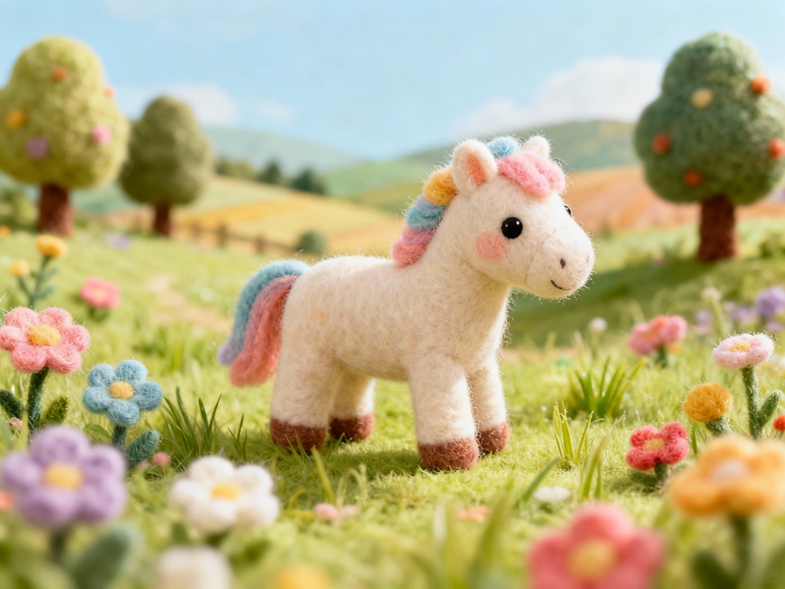 可爱的小马，糖果色毛毡的表现形式，乡村风景，有花有树有草，细节丰富，毛毡世界预览效果