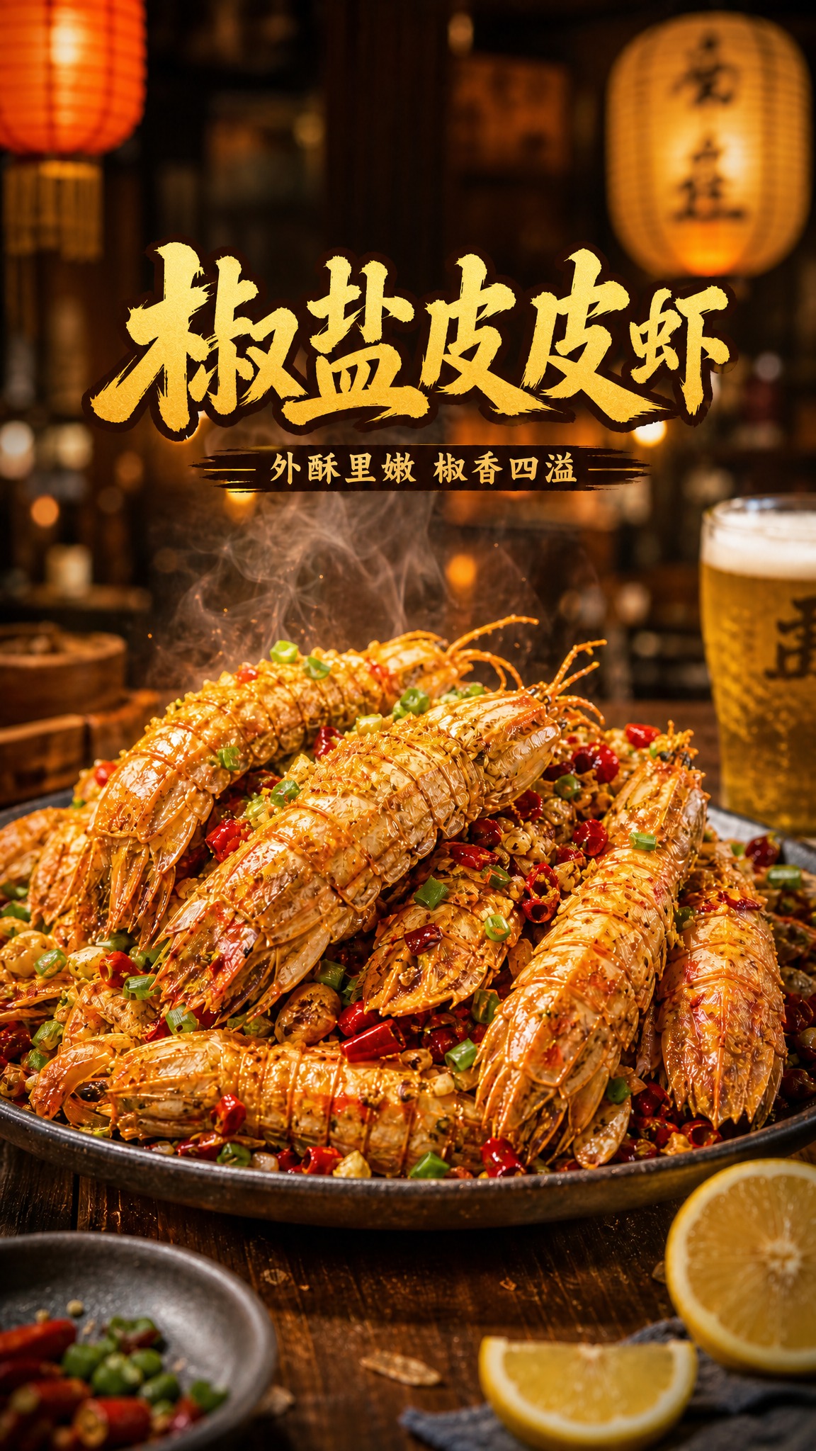 将这张椒盐皮皮虾餐饮海报上的文字适当改小一号，包括主标题"椒盐… - 图片创意预览