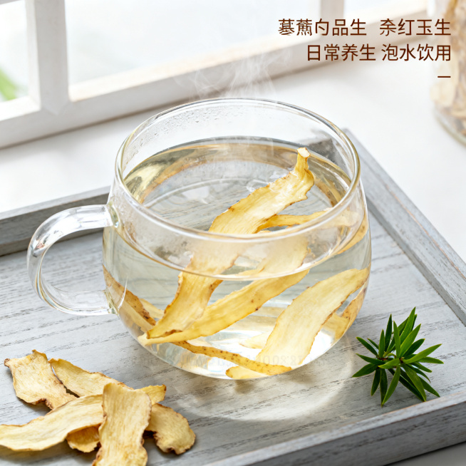 [主图 4] 玉竹片泡茶养生场景体验主图。[氛围风格] 自然生活感，舒适养生氛围。[画质] 商业摄影质感、光线柔和通透、产品清晰真实、画面干净高级。[元素] 透明玻璃杯中放入几片玉竹片，冲入热水，玉竹预览效果