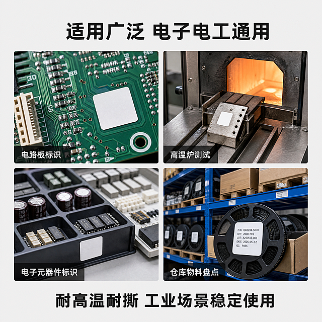 [第10屏] 详情页适用场景展示-林壹标签耐320°PI高温标签介绍电子电工适用范围。
[氛围/风格] 简约专业工业风，真实场景拼接，清晰展示适用领域，专业实用。
[元素布局] 顶部标题，中间四宫格排列四个不同的电子电工应用场景，每个场景都展示标签粘贴应用效果，本屏使用【图1】作为标签样式参考，保持标签外观颜色一致。四个场景分别为：电路板标识、高温炉测试、电子元器件标识、仓库物料盘点，每个场景占比均匀，排列整齐。
[光影质感] 每个场景光线均匀统一，标签在场景中清晰突出，真实自然，整体明暗一致，没有过暗过亮区域。
[配色色系] 全局底色：#F5F5F5（浅工业灰）；每个场景背景保持真实环境色，标签保持原图白色黄色；标题文字：#1E1E1E；场景标注文字：#FFFFFF黑色小标签底。
[视角构图] 网格排列构图，四个场景2x2排列，每个场景正方形大小一致，整体均衡规整。
[文字版式] 顶部主标题"适用广泛 电子电工通用"加粗深灰居中；每个场景左下角标注场景名称，白色文字深色小背景，不遮挡主要场景内容；底部总结文字"耐高温耐撕 工业场景稳定使用"深灰色居中强调。
[比例分辨率] 1:1正方形比例，4K分辨率，文字清晰可辨。
[负向提示词] 场景排列杂乱，标签变形，文字遮挡场景，颜色偏差，水印，整体模糊