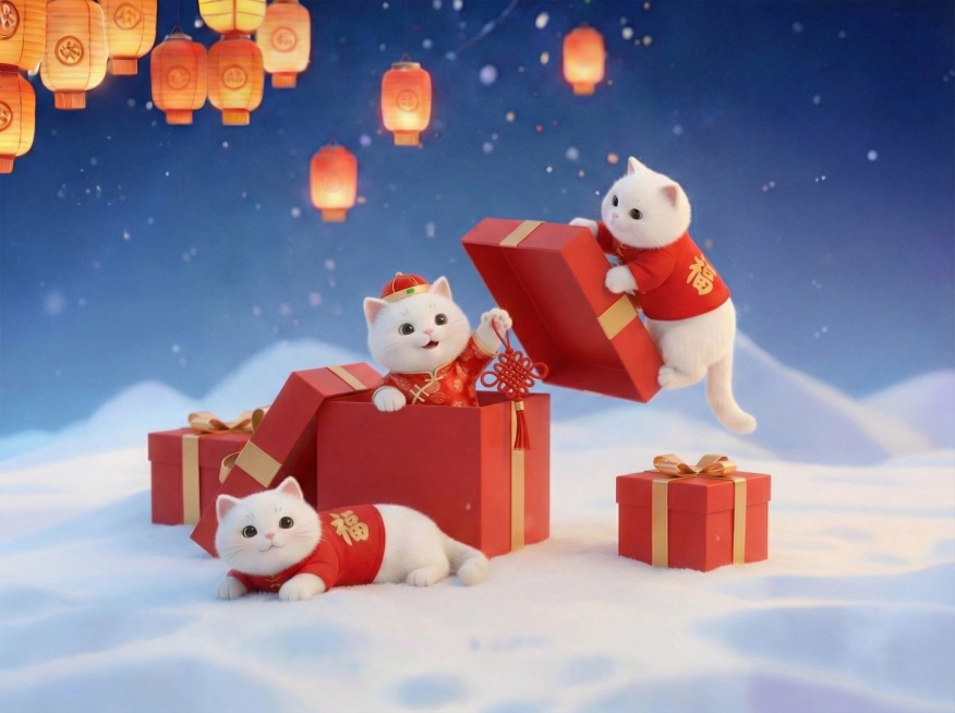 把抽奖转盘去掉，放四个红色礼物盒错落摆放在雪地上（其中一个礼盒是盖子打开的，一只身穿红色礼服的小猫在里面探出头来伸着爪子挥动中国结）。一只小猫在礼盒上攀爬（身穿红色“福”字毛衣）预览效果