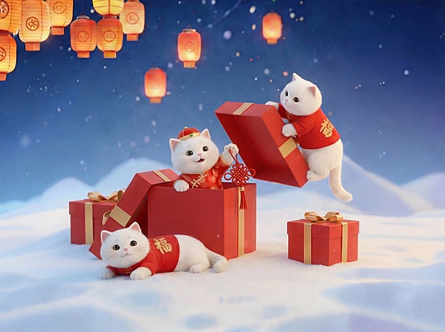 把抽奖转盘去掉，放四个红色礼物盒错落摆放在雪地上（其中一个礼盒是盖子打开的，一只身穿红色礼服的小猫在里面探出头来伸着爪子挥动中国结）。一只小猫在礼盒上攀爬（身穿红色“福”字毛衣）