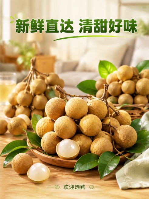 [第8屏] 收尾转化屏-储良龙眼场景收束。本屏使用【图1】作为主体产品。
[氛围/风格] 温馨收尾，突出分享氛围，促进下单转化。
[元素布局] 桌面展示多串储良龙眼，保留龙眼原有外观、颜色和质感，搭配预览效果