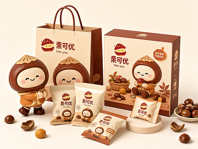 将logo（栗可优 like you）和3D板栗IP形象融合设计，在一张图中展示栗子产品的全套包装：包含手提袋、包装盒、包装袋，所有包装上都印入logo，风格统一温馨可爱，整体展示